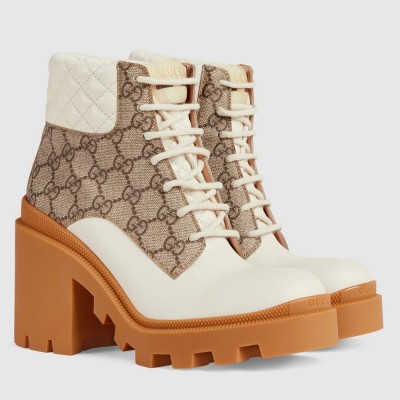 Gucci Ankle Boots in Beige GG Supreme with White Leather