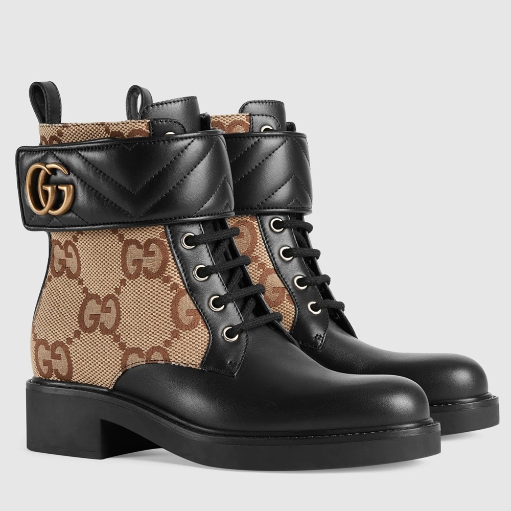 Gucci Ankle Boots with Double G in GG Canvas and Black Leather