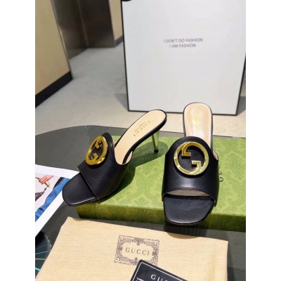 Gucci Blondie Slide Sandals 65mm in Black Leather