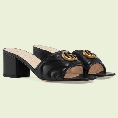 Gucci Double G Slide Sandals 55mm in Black Matelasse Leather