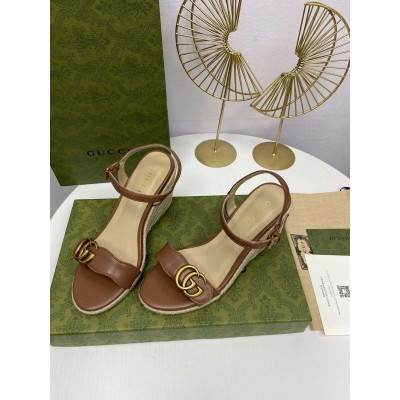 Gucci Espadrille Wedge Sandals In Brown Leather