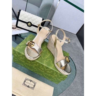 Gucci Espadrille Wedge Sandals In Gold Metallic Leather