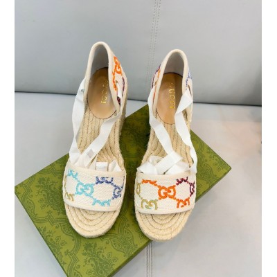 Gucci Espadrille Wedge Sandals In Multicolor GG Linen