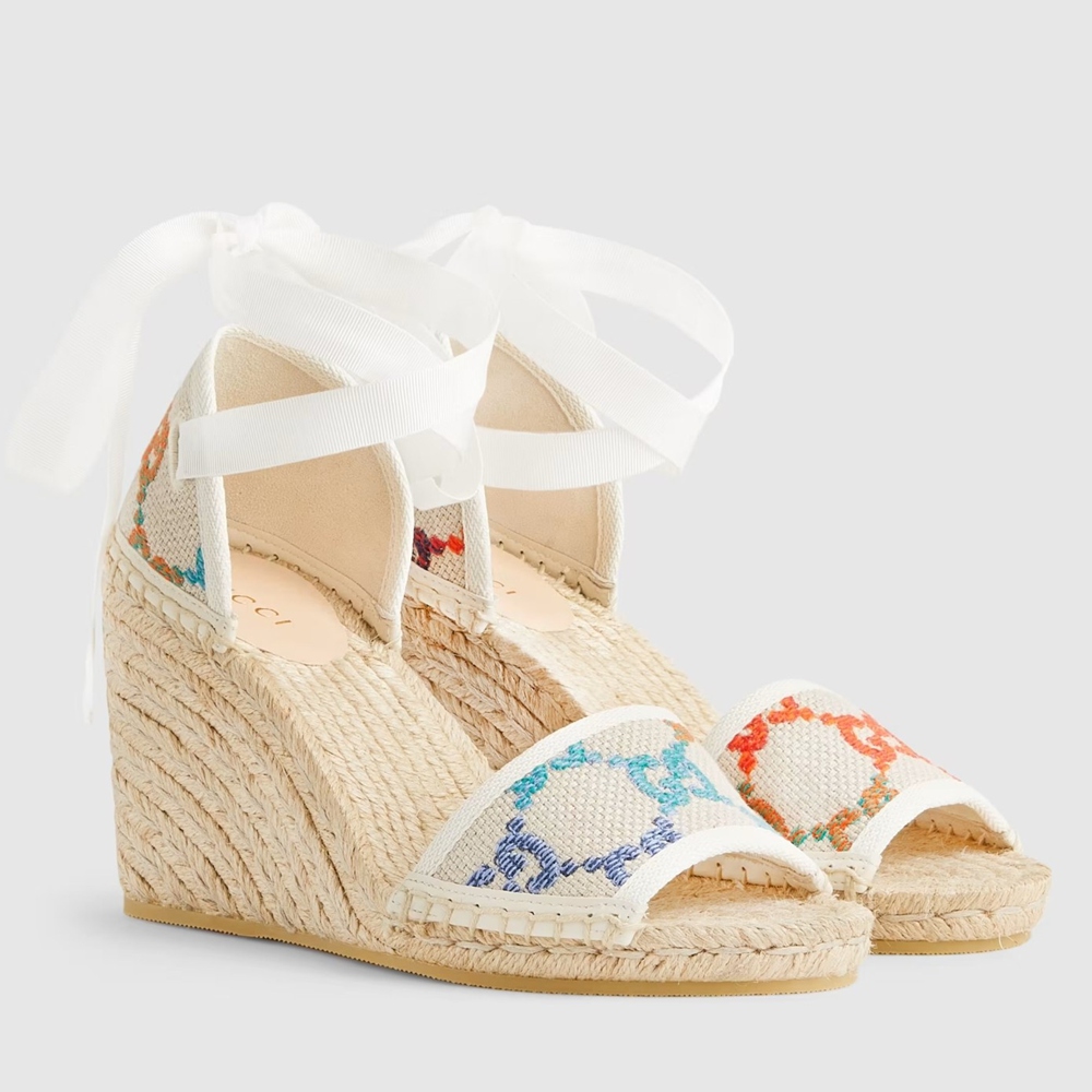 Gucci Espadrille Wedge Sandals In Multicolor GG Linen