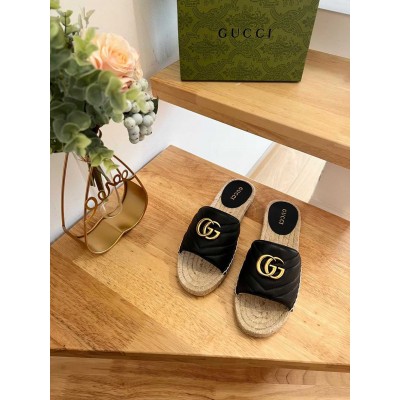 Gucci Espadrilles Slides in Black Matelasse Leather with Double G