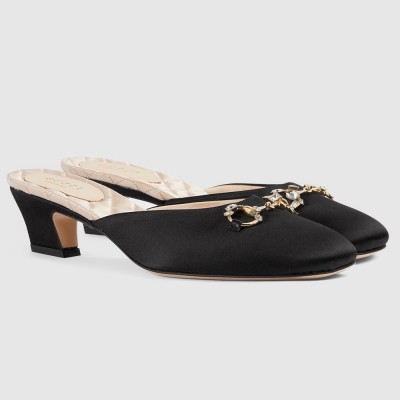 Gucci Horsebit Mules in Black Satin with Crystals