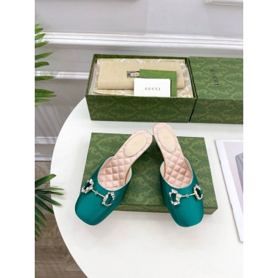 Gucci Horsebit Mules in Green Satin with Crystals