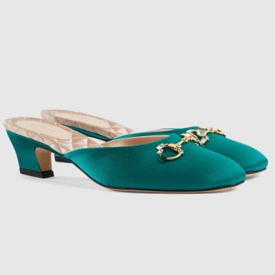 Gucci Horsebit Mules in Green Satin with Crystals