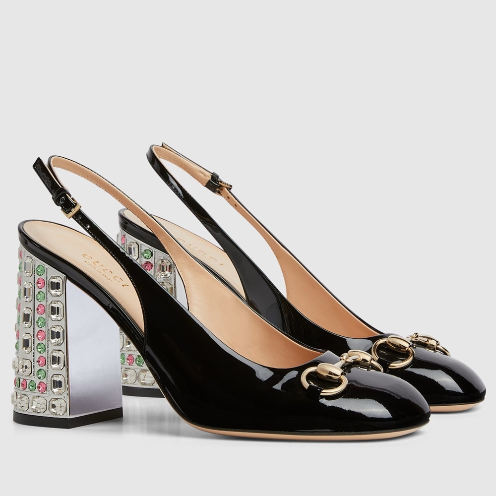 Gucci Horsebit Pumps 95mm with Crystals in Black Patent Leather