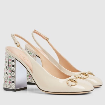 Gucci Horsebit Pumps 95mm with Crystals in White Patent Leather