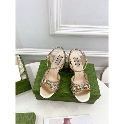 Gucci Horsebit Sandals 95mm in Metallic Gold Leather with Crystals