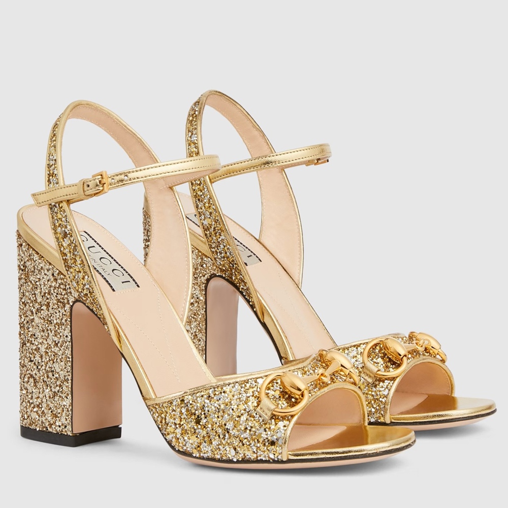 Gucci Horsebit Sandals 95mm in Metallic Gold Leather with Crystals