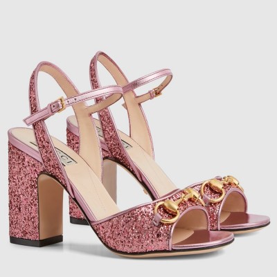 Gucci Horsebit Sandals 95mm in Metallic Pink Leather with Crystals