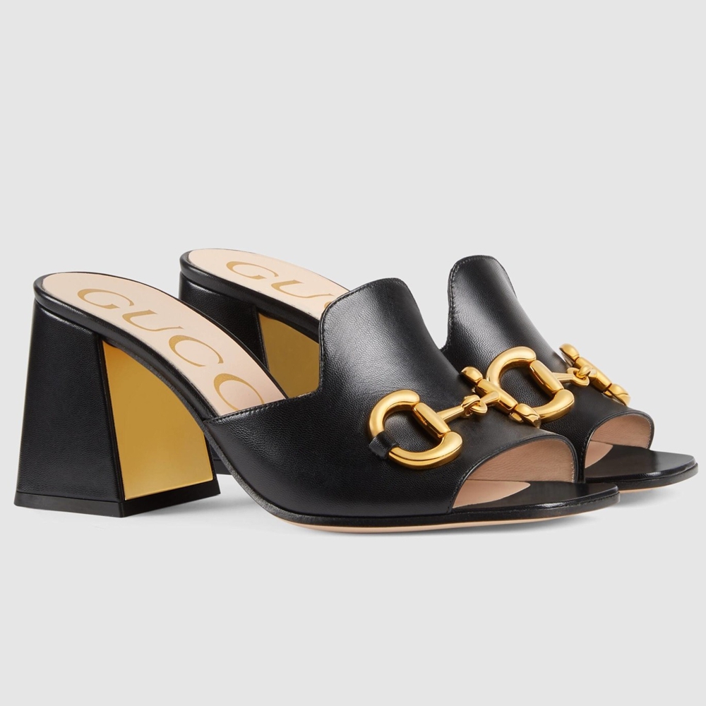 Gucci Horsebit Slide Sandals 75mm in Black Leather