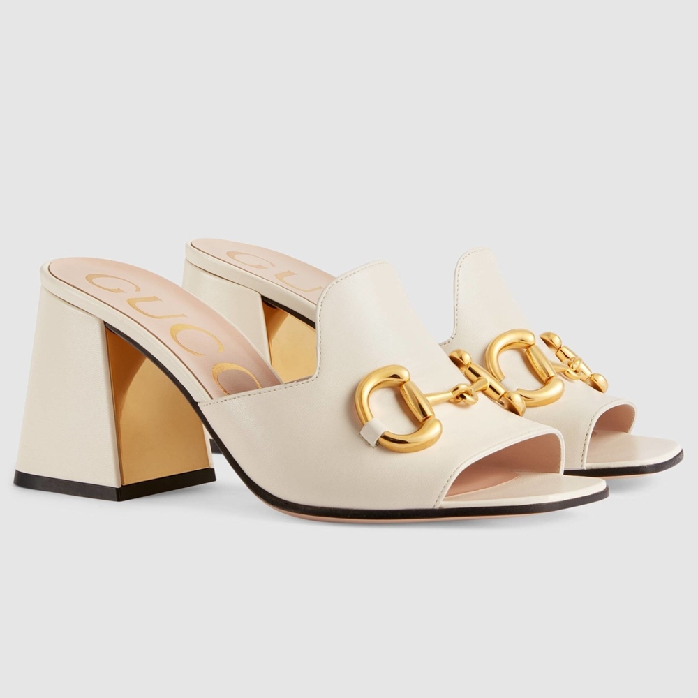 Gucci Horsebit Slide Sandals 75mm in White Leather