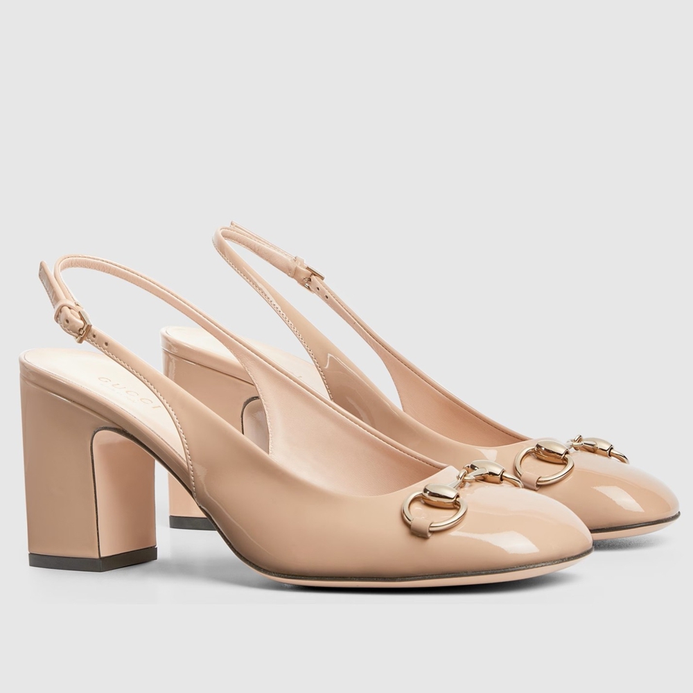 Gucci Horsebit Slingback Pumps 75mm in Beige Patent Calfskin