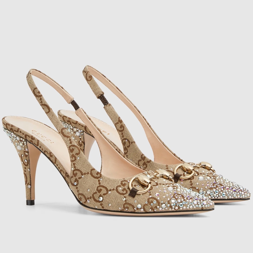 Gucci Horsebit Slingback Pumps with Crystals in Beige GG Canvas