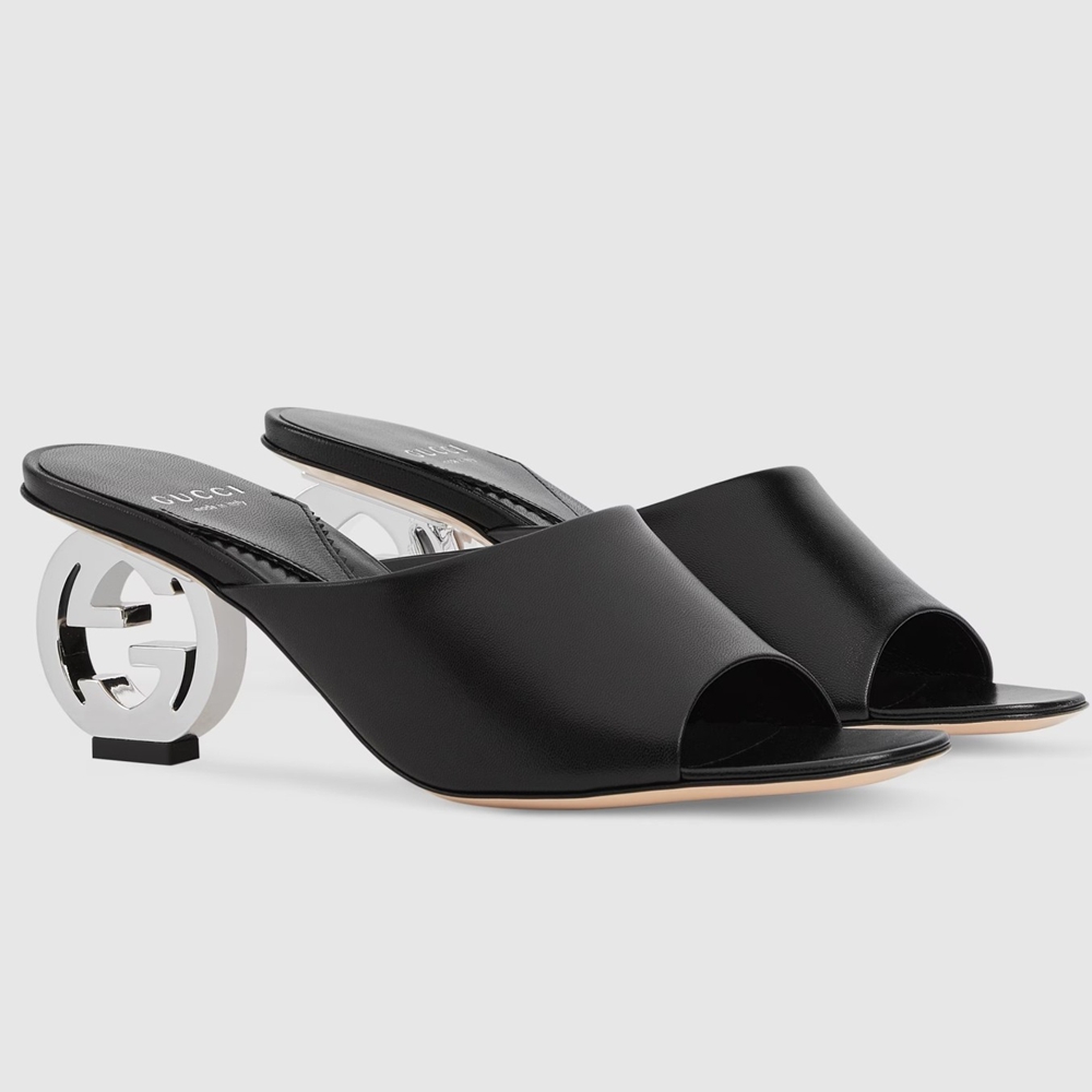 Gucci Interlocking G Heel Sandals in Black Leather