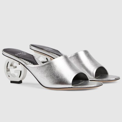 Gucci Interlocking G Heel Sandals in Silver Metallic Leather