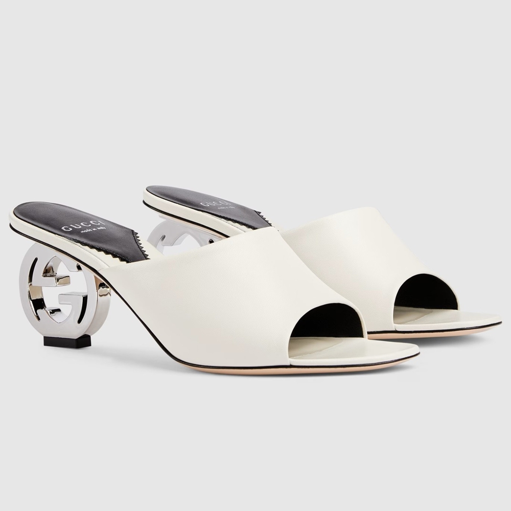 Gucci Interlocking G Heel Sandals in White Leather