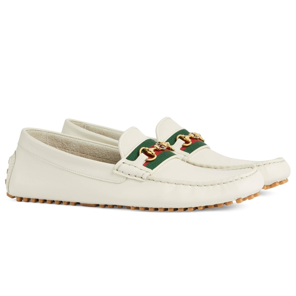 Gucci Interlocking G Horsebit Drive Loafers in White Leather with Web