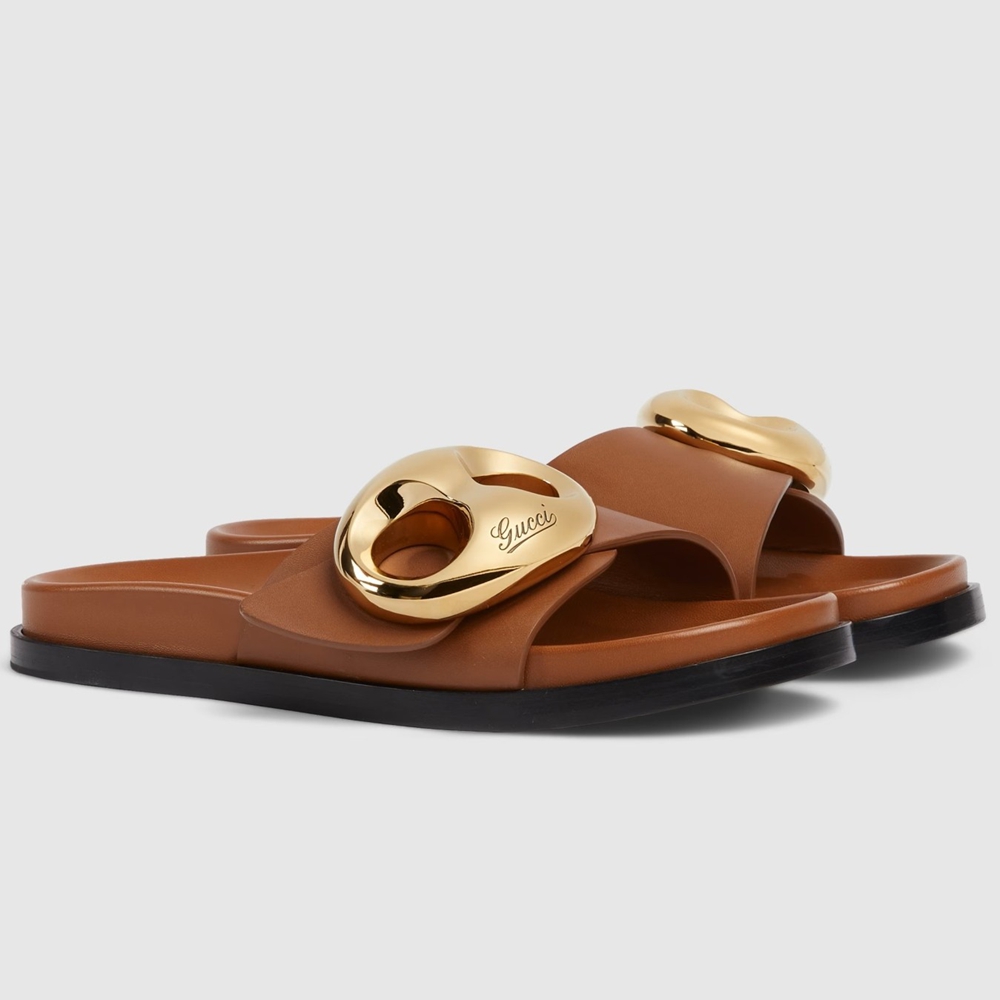 Gucci Marina Chain Slide Sandals in Brown Leather