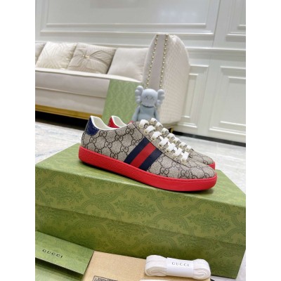 Gucci Men Ace Sneakers in Beige GG Supreme Canvas with Web