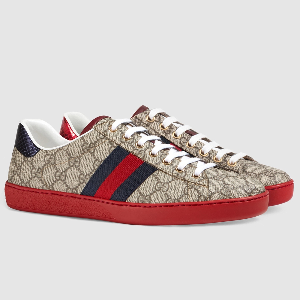 Gucci Men Ace Sneakers in Beige GG Supreme Canvas with Web