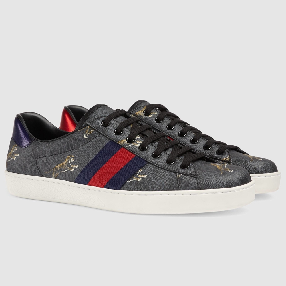 Gucci Men Ace Sneakers in Black GG Canvas with Tigers Print