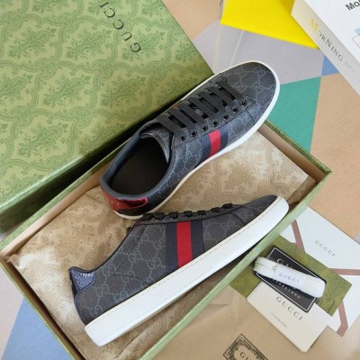 Gucci Men Ace Sneakers in Black GG Supreme Canvas with Web