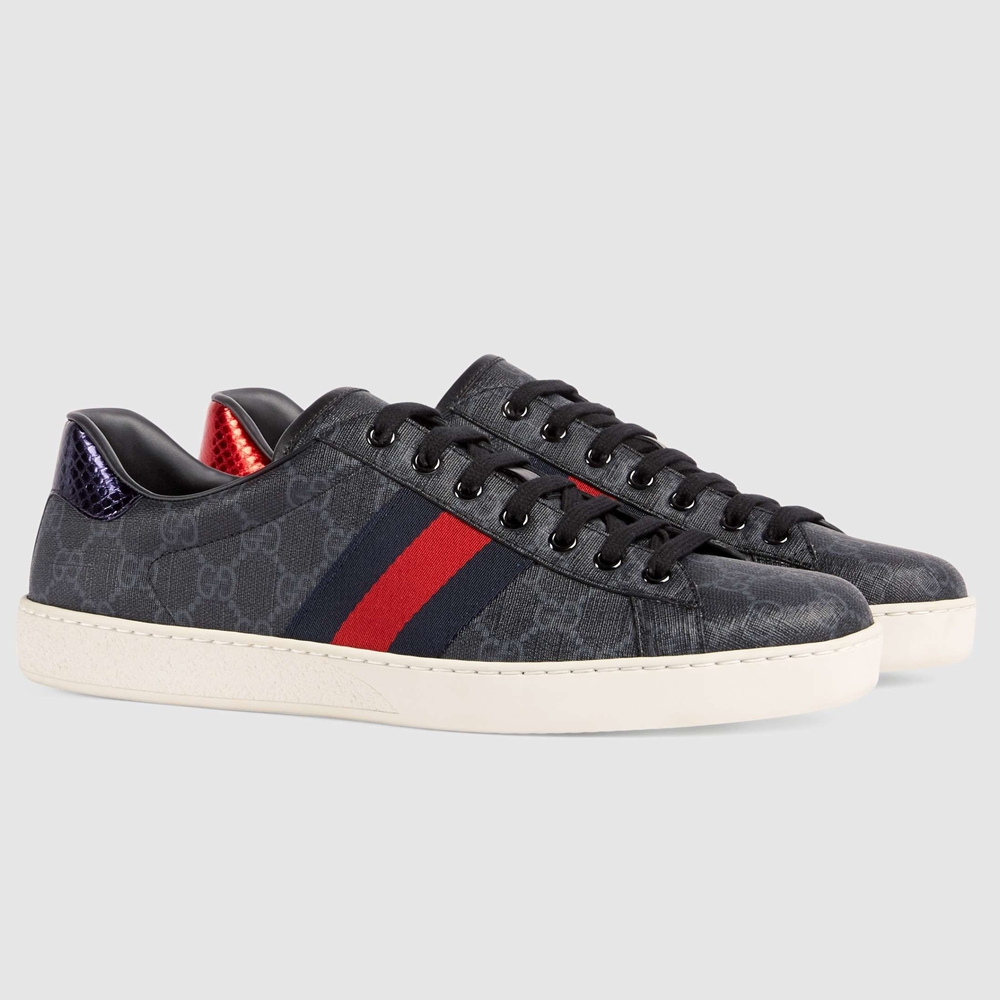 Gucci Men Ace Sneakers in Black GG Supreme Canvas with Web