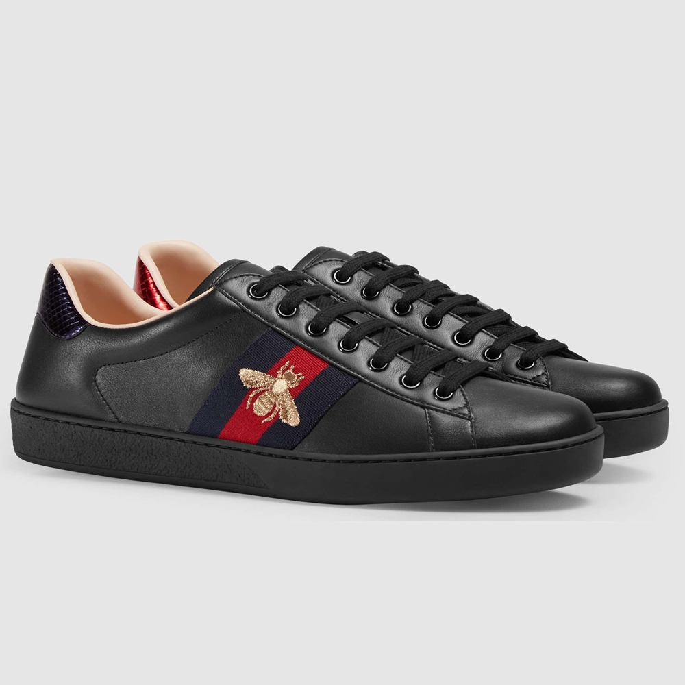 Gucci Men Ace Sneakers in Black Leather with Bee