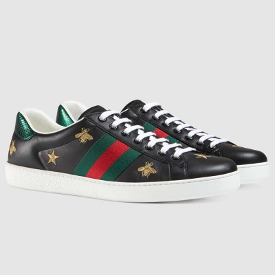 Gucci Men Ace Sneakers in Black Leather with Bee and Star