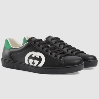 Gucci Men Ace Sneakers in Black Leather with White Interlocking G