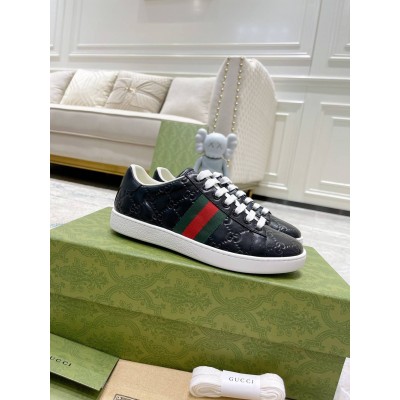 Gucci Men Ace Sneakers in Black Signature Leather with Web