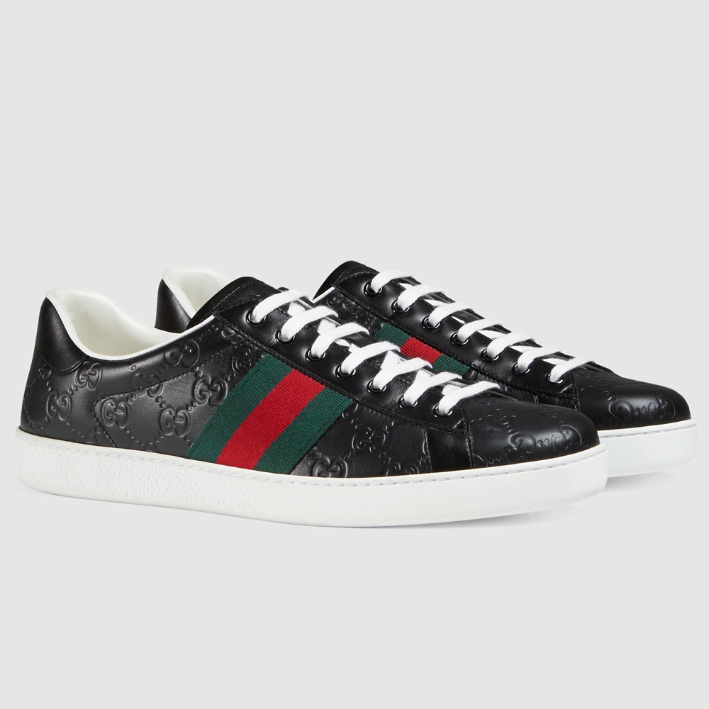 Gucci Men Ace Sneakers in Black Signature Leather with Web