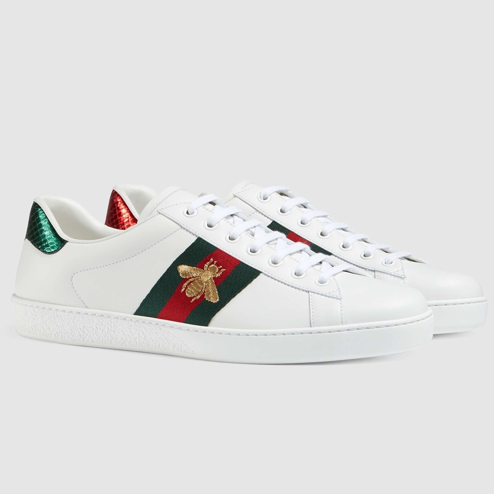 Gucci Men Ace Sneakers in White Leather with Bee