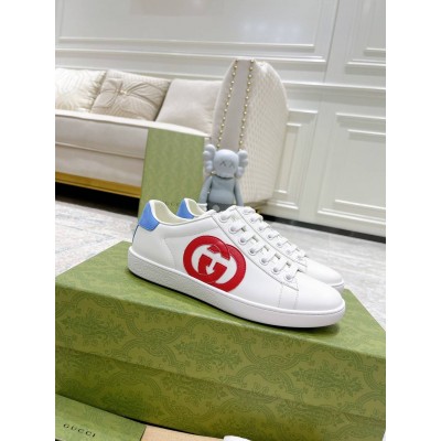 Gucci Men Ace Sneakers in White Leather with Red Interlocking G