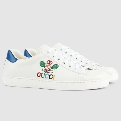 Gucci Men Ace Sneakers in White Leather with Tennis Print