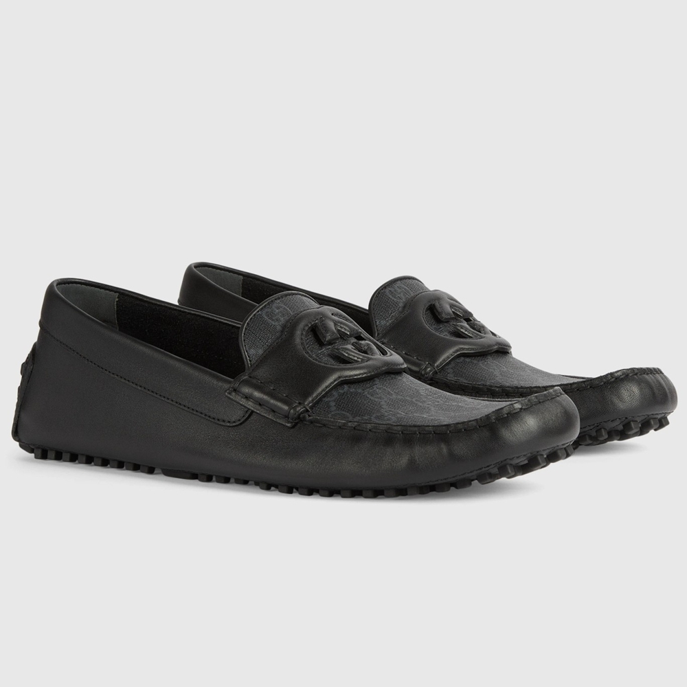 Gucci Men Drive Loafers in Black Leather and GG Supreme Canvas