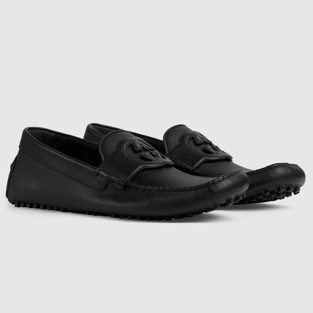 Gucci Men Drive Loafers in Black Leather with Cut-out Interlocking G