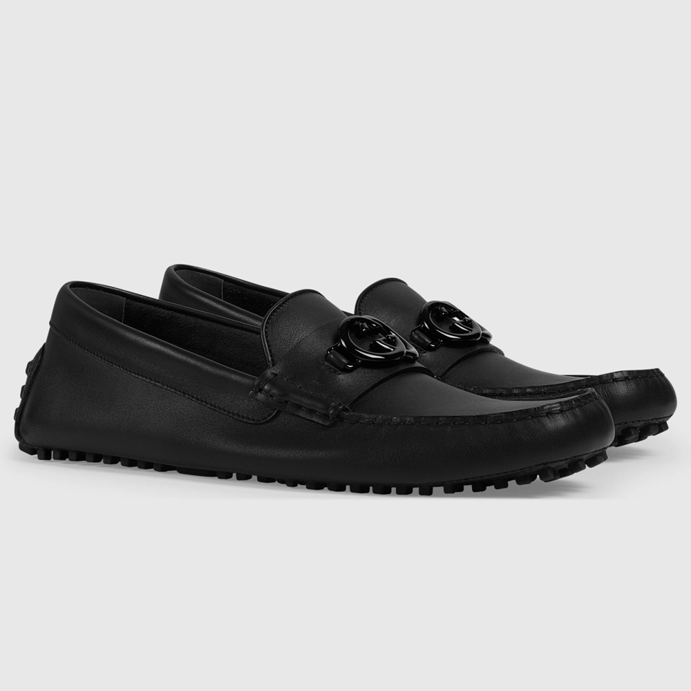 Gucci Men Drive Loafers in Black Leather with Interlocking G