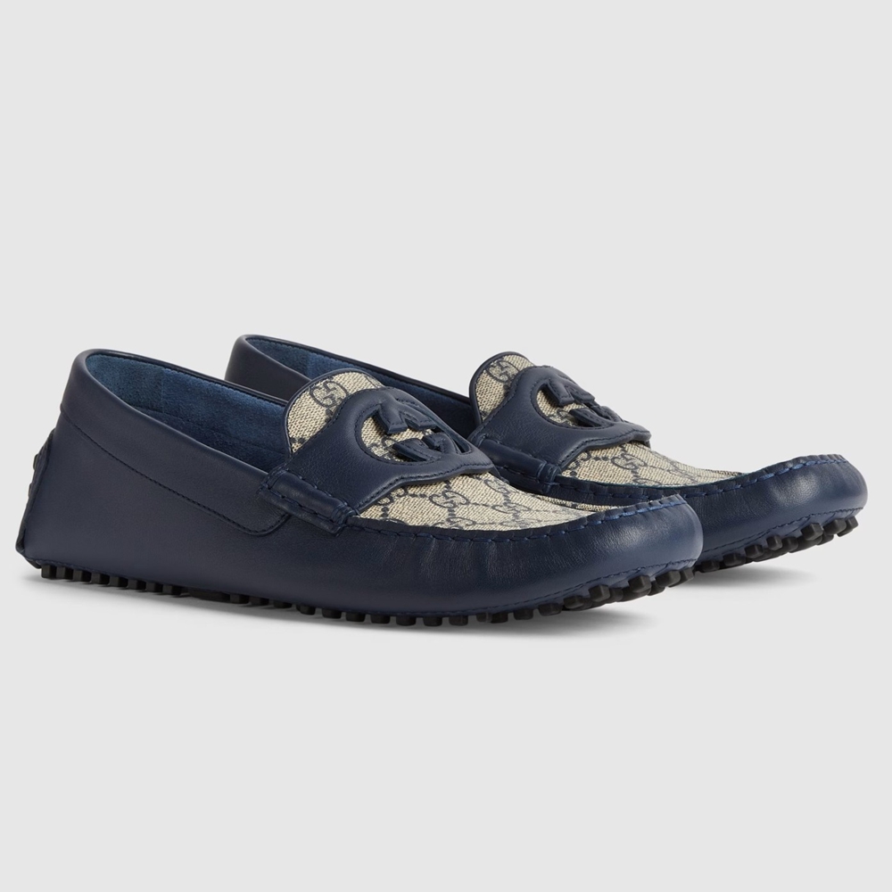 Gucci Men Drive Loafers in Blue Leather and GG Supreme Canvas