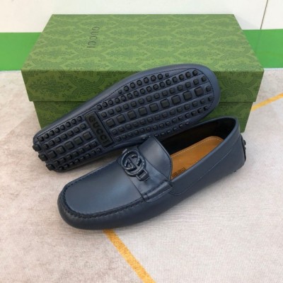 Gucci Men Drive Loafers in Blue Leather with Interlocking G