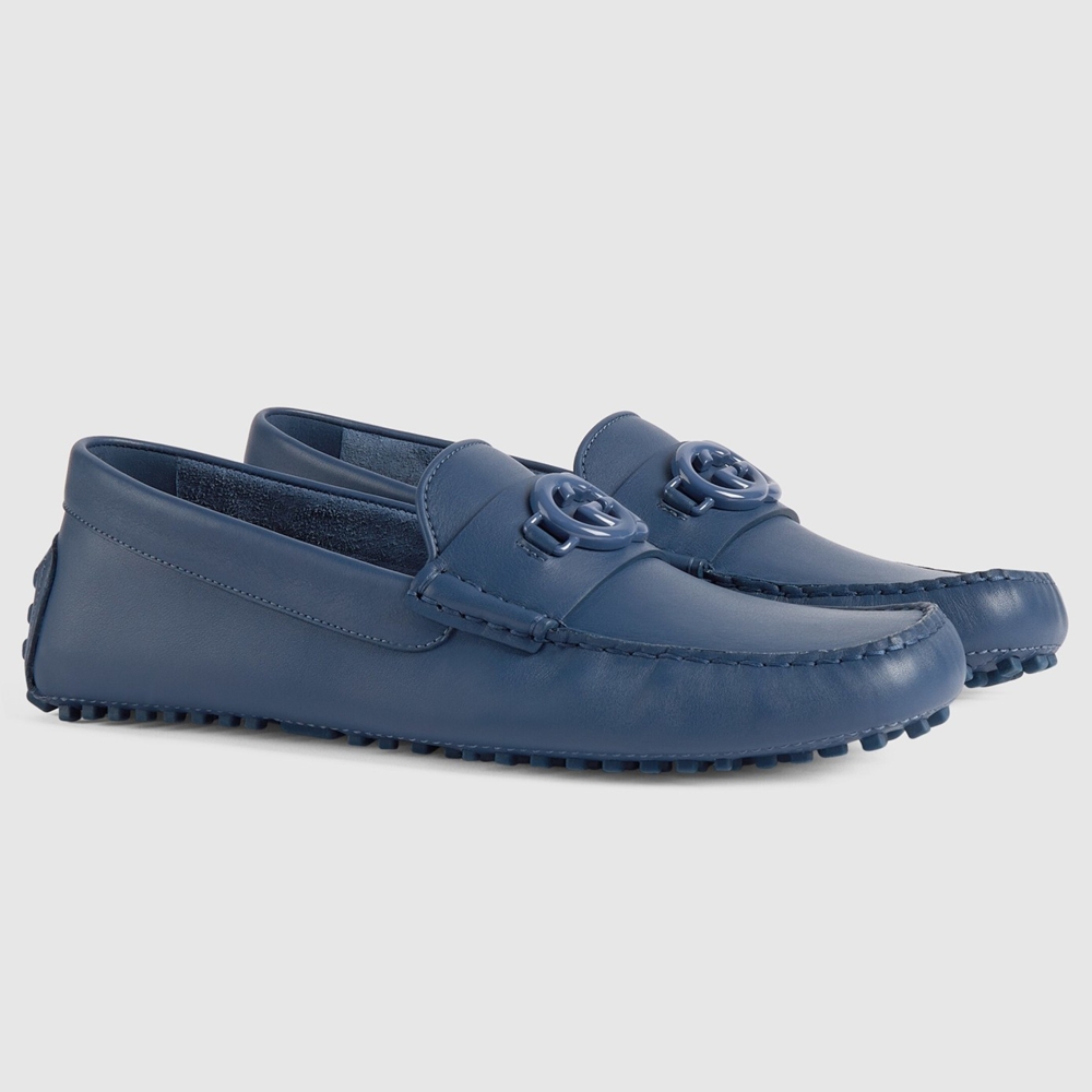 Gucci Men Drive Loafers in Blue Leather with Interlocking G