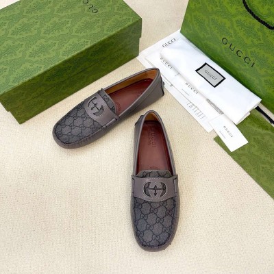 Gucci Men Drive Loafers in Grey Leather and GG Supreme Canvas