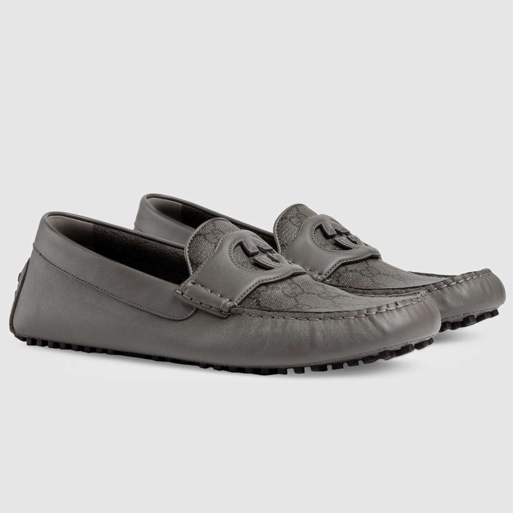 Gucci Men Drive Loafers in Grey Leather and GG Supreme Canvas