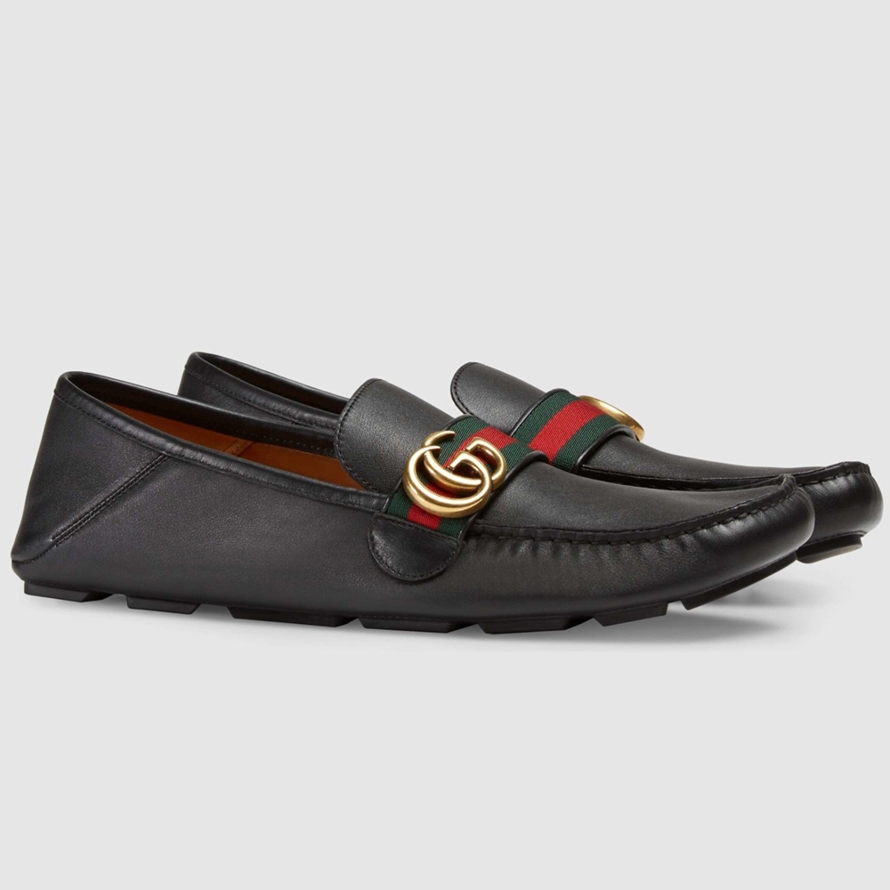 Gucci Men Driver Loafers in Black Leather with Web