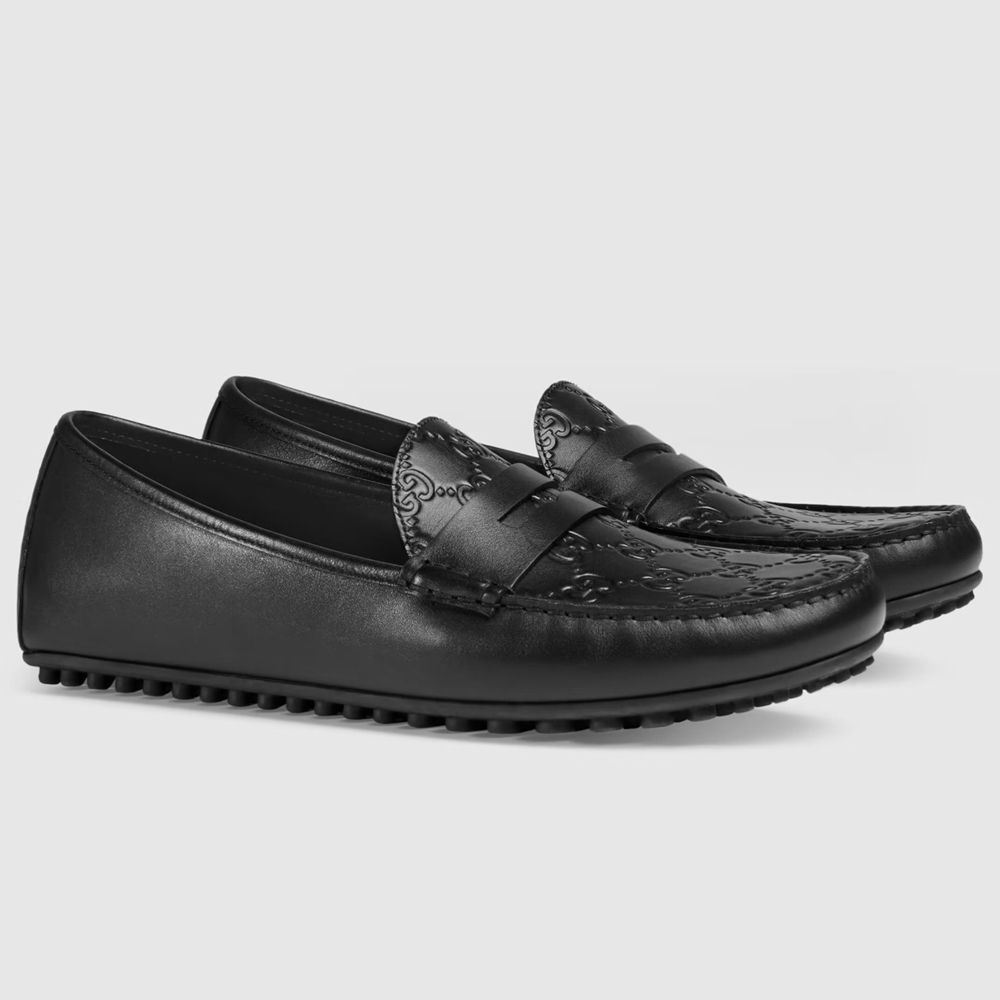 Gucci Men Driver Loafers in Black Signature Leather