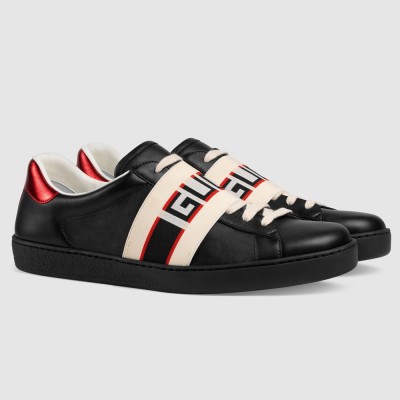 Gucci Men Elastic Stripe Sneakers in Black Leather